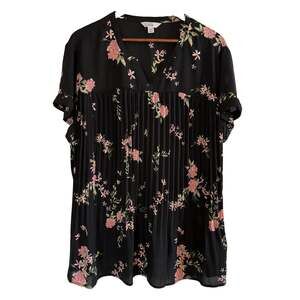 Croft & Barrow Women's 1X Black Floral Accordion Pleated Peasant Blouse Cottage